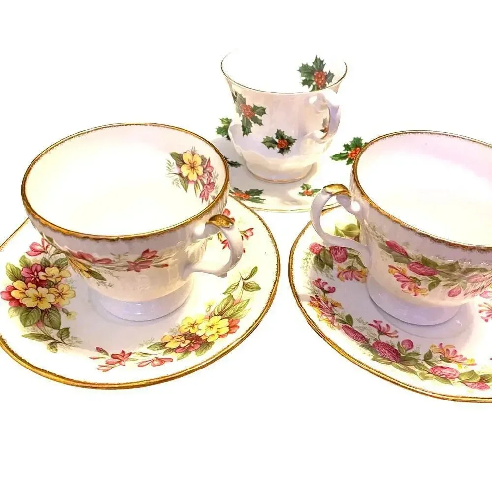 3 Sets Bundle Teacup and Saucer of Bone China 2 Royal Heritage and 1 Royal Dover